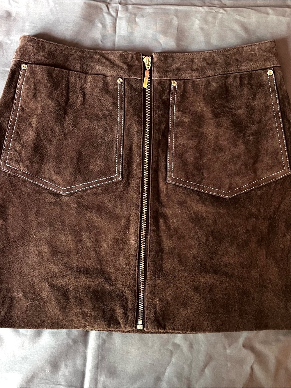 ONLY NWT Real Suede Leather Zip Front Pocket Mini Skirt Espresso Brown L